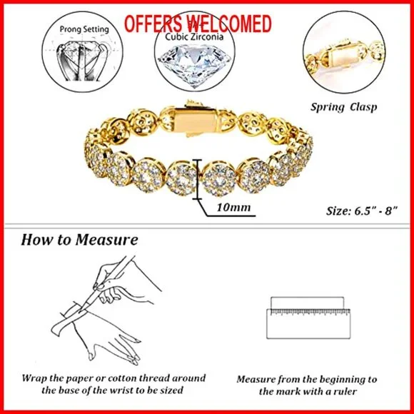 10mm Gold Plated Tennis Bracelet, 6.5 Inch, Cubic Zirconia Iced Out Link - Picture 2 of 7